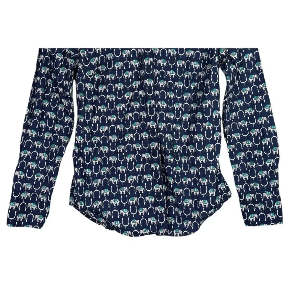 J. Crew Long Sleeve Perfect Fit Novelty Print Elephants Shirt 00 Navy Blue White